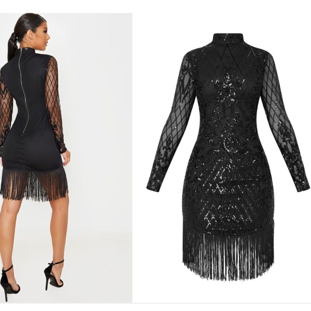 PrettyLittleThing Black Long Sleeve Sequin Tassel Hem Bodycon Dress Size 2 - Picture 2 of 8